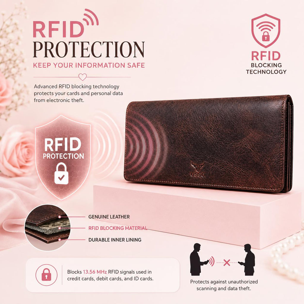 USSO Women’s Genuine Leather Long Wallet – RFID Blocking, 12 Card Slots, Phone Pocket & Magnetic Closure