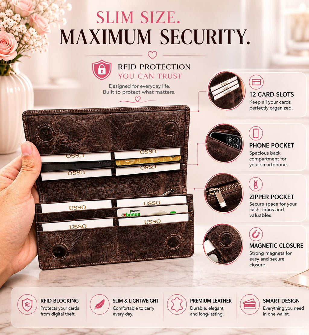 USSO Women’s Genuine Leather Long Wallet – RFID Blocking, 12 Card Slots, Phone Pocket & Magnetic Closure