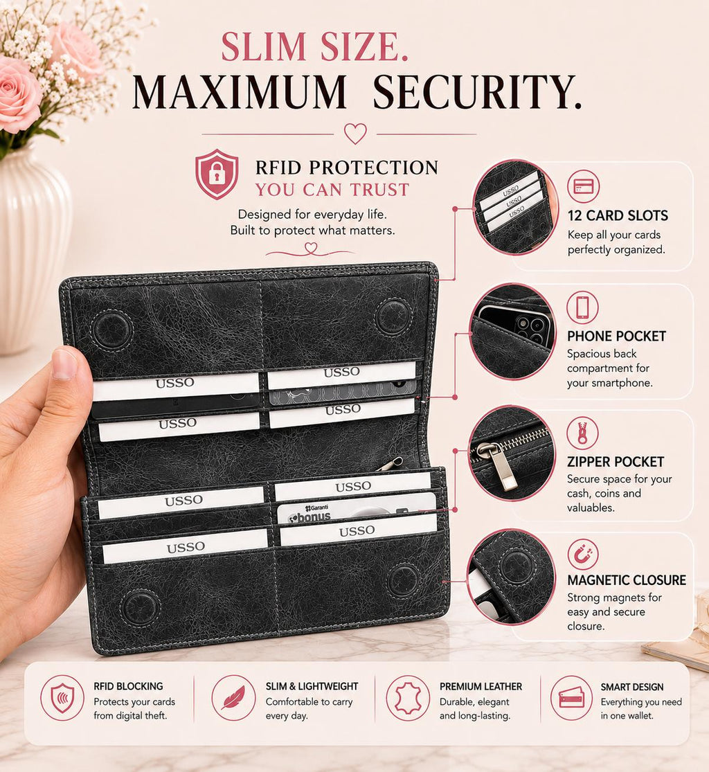 USSO Women’s Genuine Leather Long Wallet – RFID Blocking, 12 Card Slots, Phone Pocket & Magnetic Closure