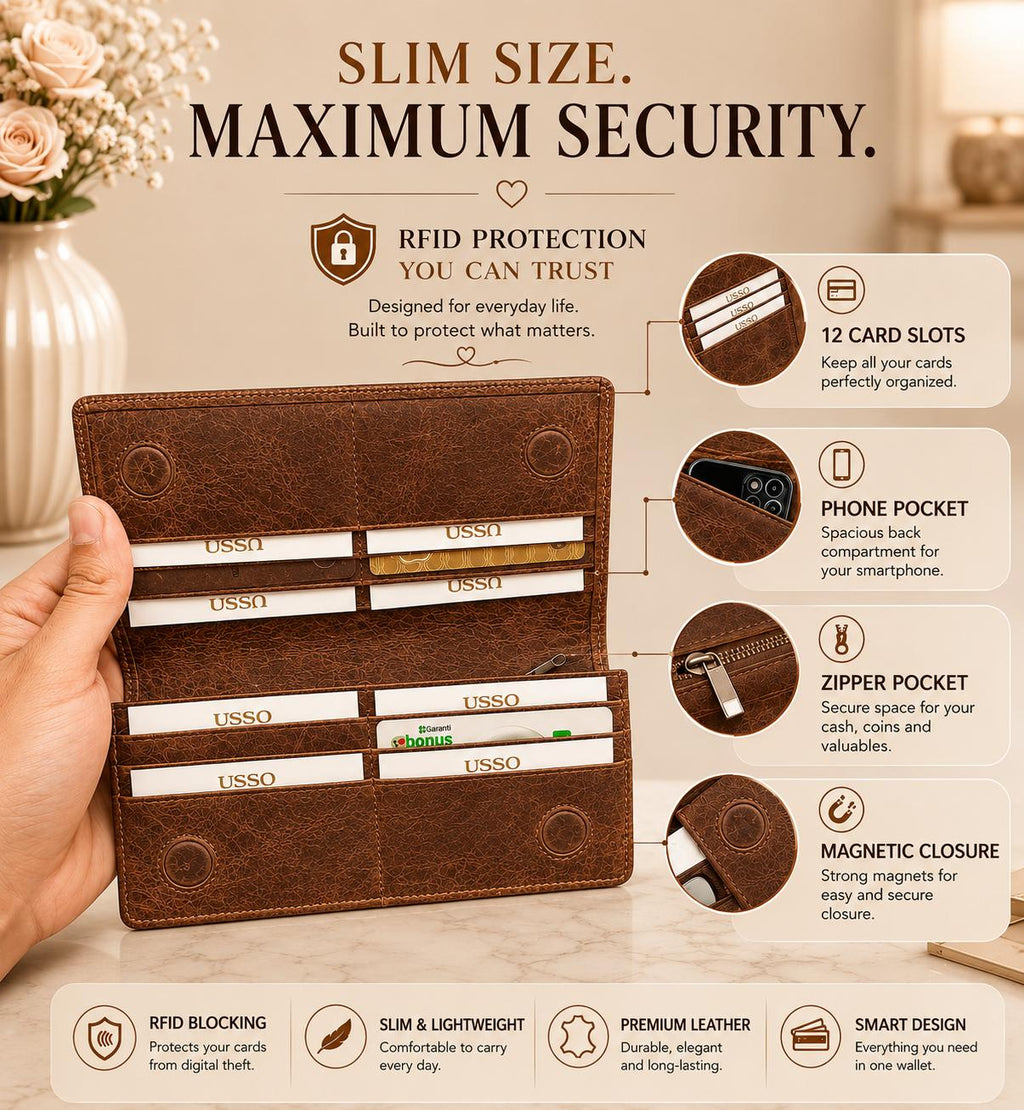 USSO Women’s Genuine Leather Long Wallet – RFID Blocking, 12 Card Slots, Phone Pocket & Magnetic Closure