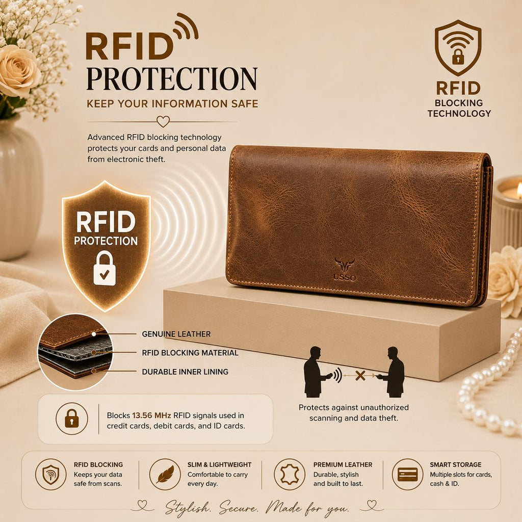 USSO Women’s Genuine Leather Long Wallet – RFID Blocking, 12 Card Slots, Phone Pocket & Magnetic Closure