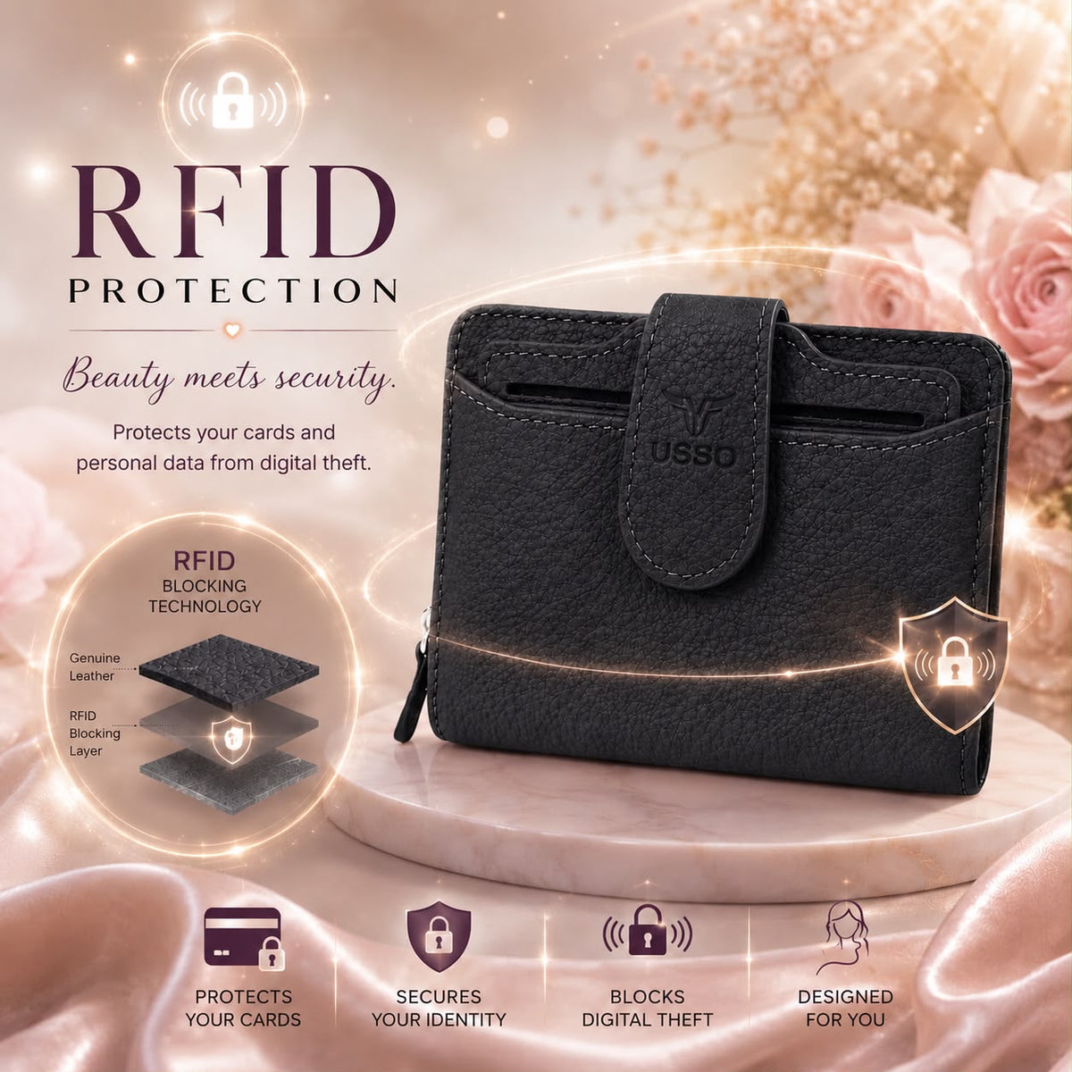 USSO Women’s Genuine Leather 2-in-1 Wallet – RFID Blocking, Detachable Card Holder & Zipper Coin Pocket