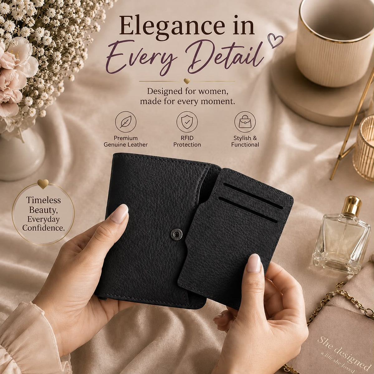 USSO Women’s Genuine Leather 2-in-1 Wallet – RFID Blocking, Detachable Card Holder & Zipper Coin Pocket
