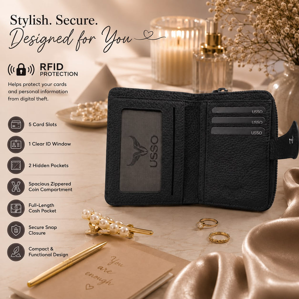 USSO Women’s Genuine Leather 2-in-1 Wallet – RFID Blocking, Detachable Card Holder & Zipper Coin Pocket
