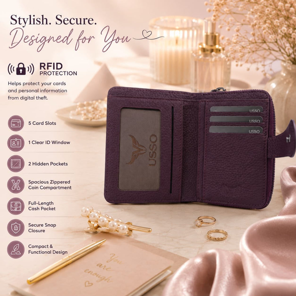 USSO Women’s Genuine Leather 2-in-1 Wallet – RFID Blocking, Detachable Card Holder & Zipper Coin Pocket