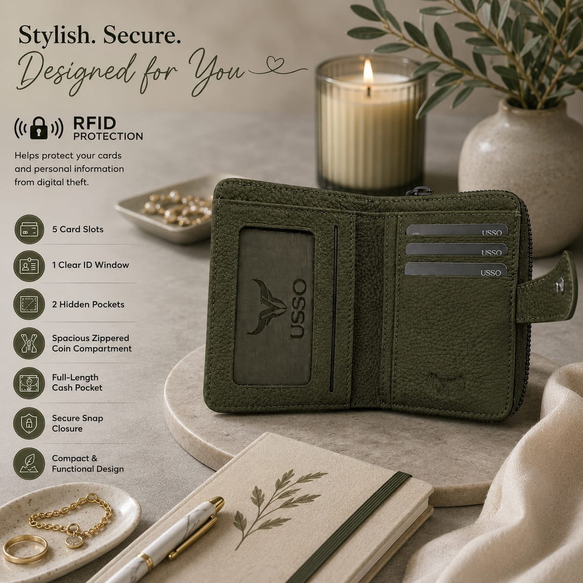 USSO Women’s Genuine Leather 2-in-1 Wallet – RFID Blocking, Detachable Card Holder & Zipper Coin Pocket