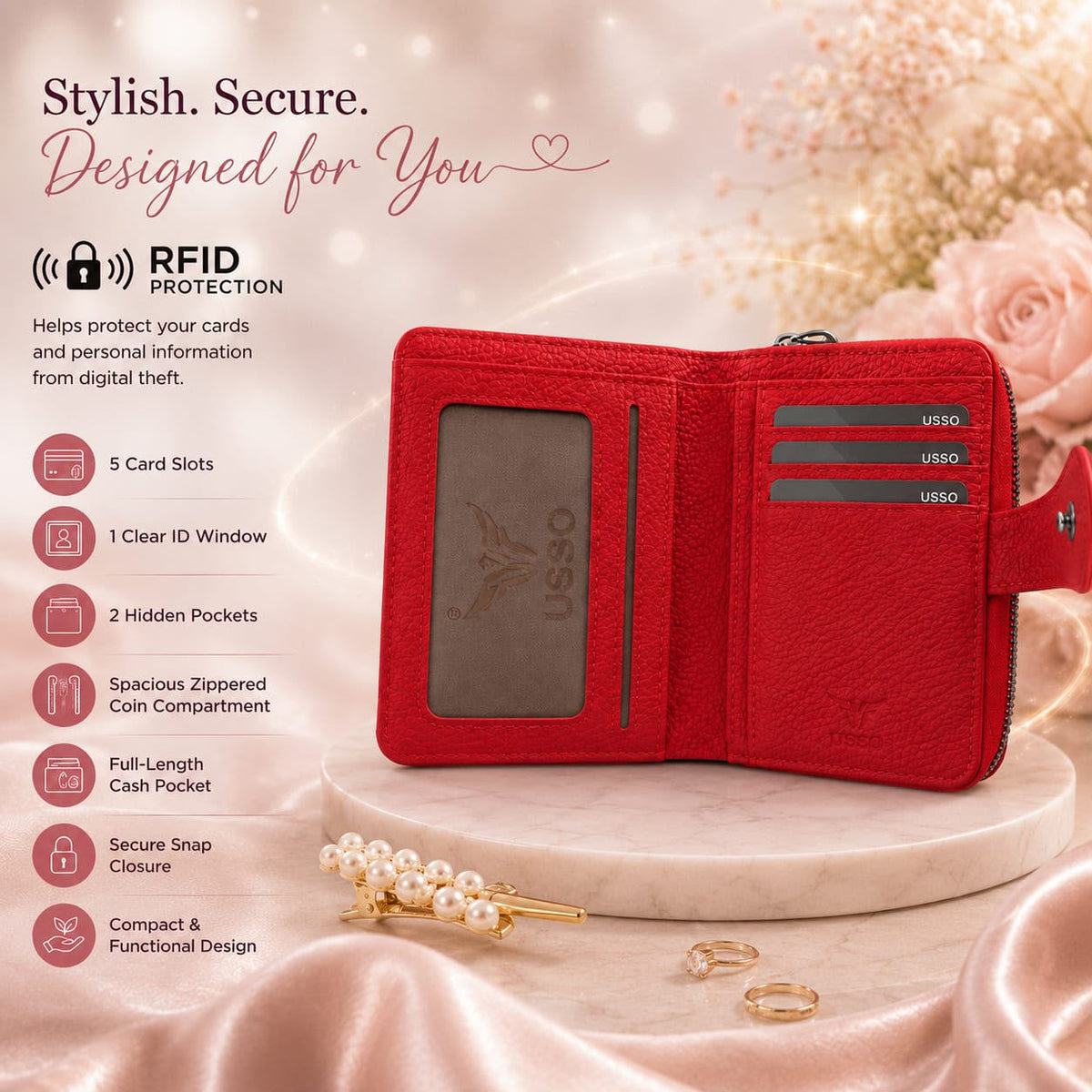 USSO Women’s Genuine Leather 2-in-1 Wallet – RFID Blocking, Detachable Card Holder & Zipper Coin Pocket