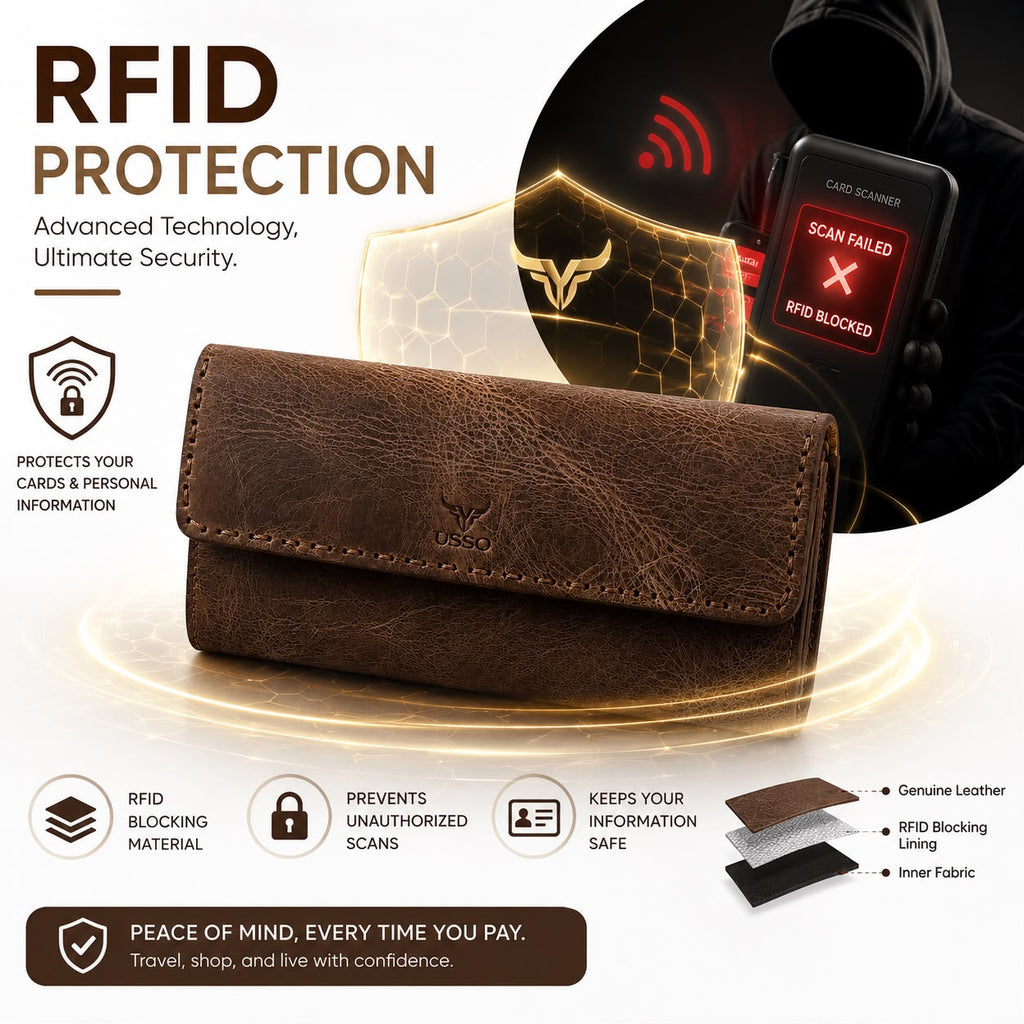 USSO Women’s Genuine Leather Wallet – RFID Blocking, 14 Card Slots, Phone Pocket & Magnetic Closure