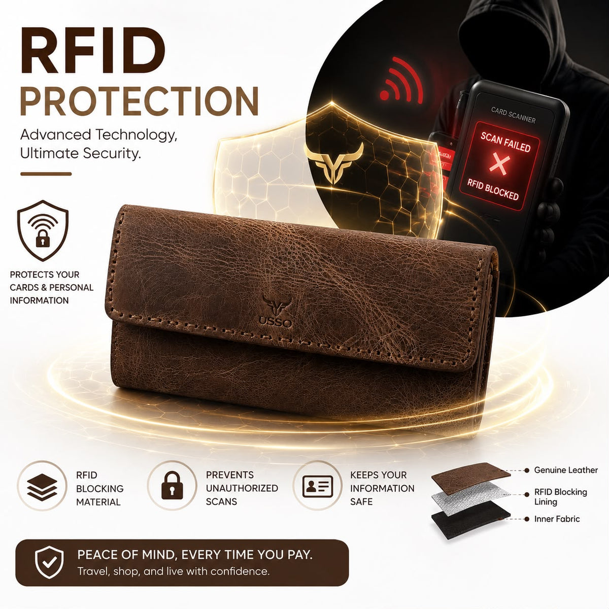 USSO Women’s Genuine Leather Wallet – RFID Blocking, 14 Card Slots, Phone Pocket & Magnetic Closure