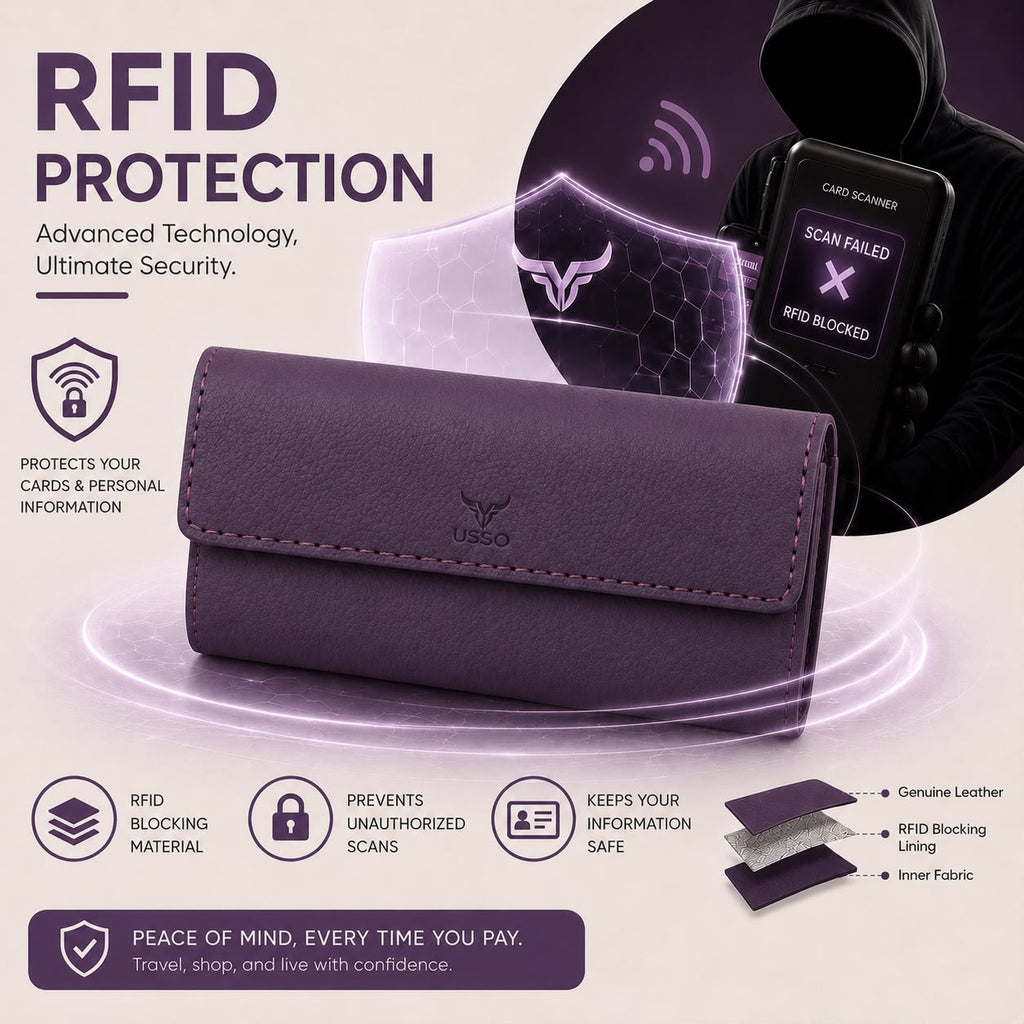 USSO Women’s Genuine Leather Wallet – RFID Blocking, 14 Card Slots, Phone Pocket & Magnetic Closure