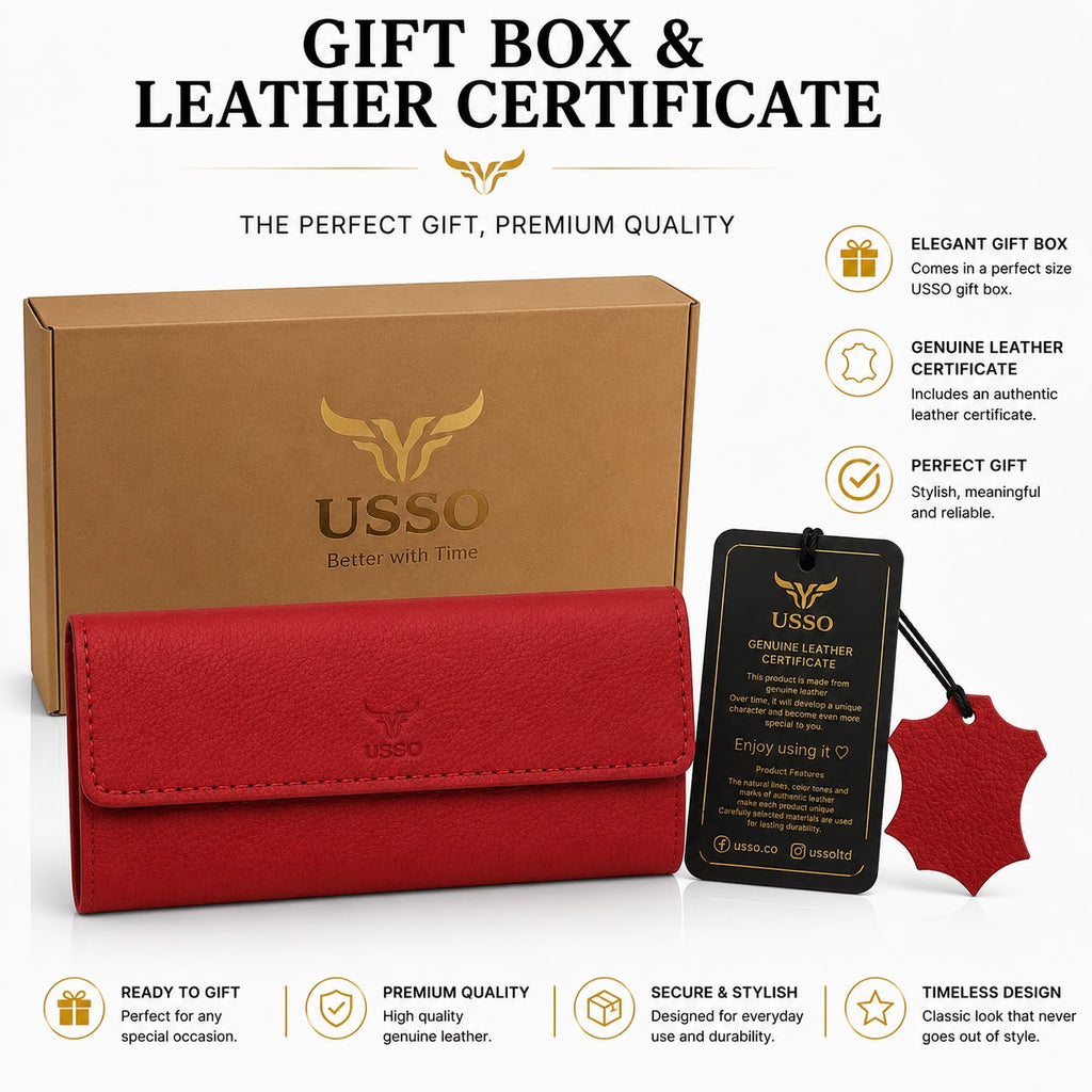 USSO Women’s Genuine Leather Wallet – RFID Blocking, 14 Card Slots, Phone Pocket & Magnetic Closure