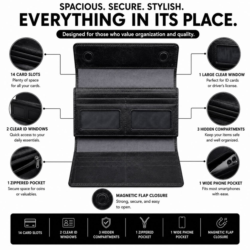USSO Women’s Genuine Leather Wallet – RFID Blocking, 14 Card Slots, Phone Pocket & Magnetic Closure