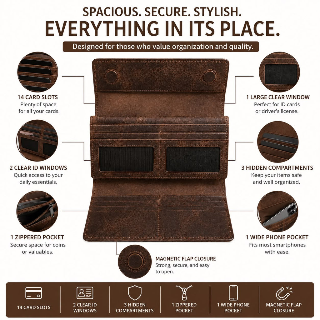 USSO Women’s Genuine Leather Wallet – RFID Blocking, 14 Card Slots, Phone Pocket & Magnetic Closure