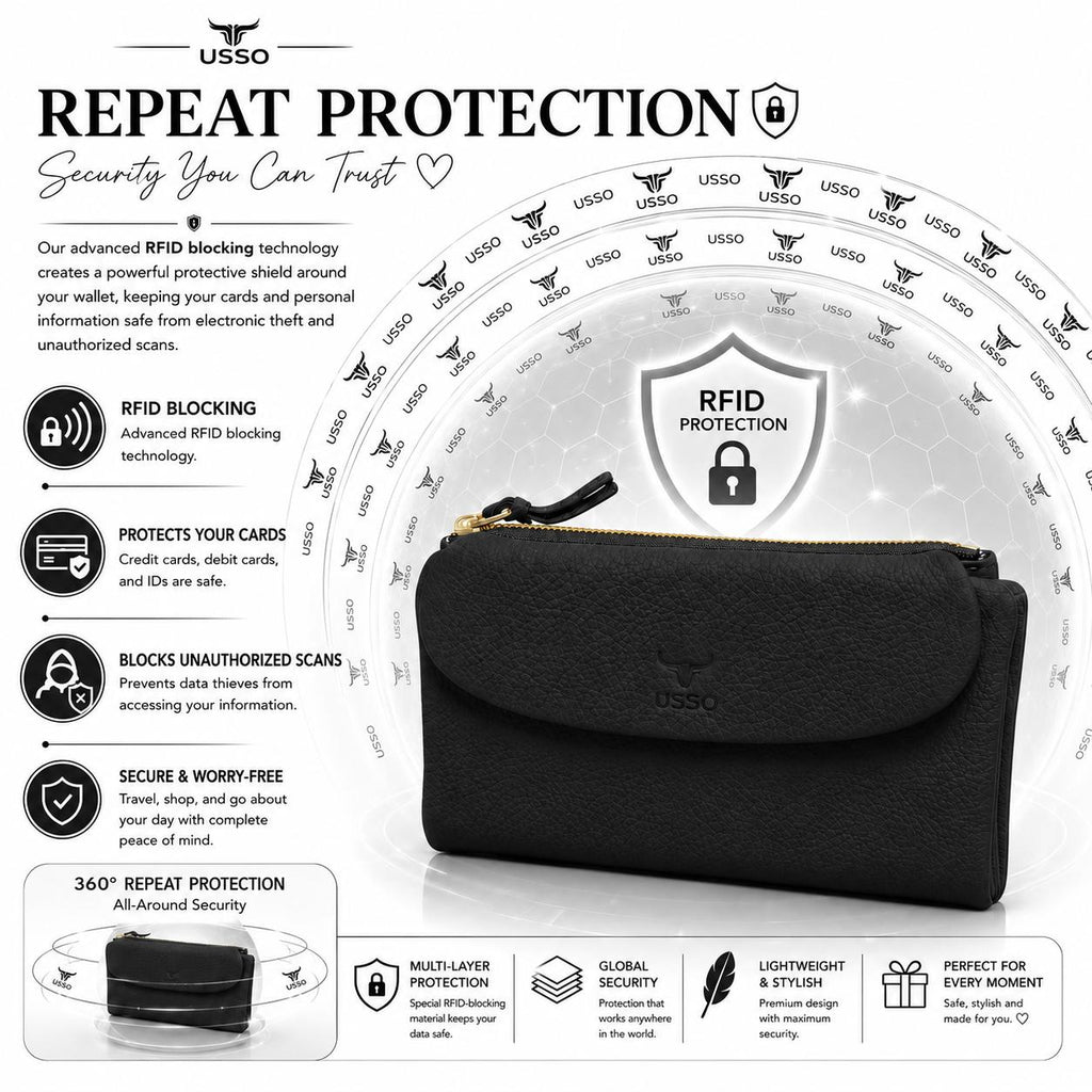 USSO Marsilya Women’s Genuine Leather Wallet – RFID Blocking, Phone Compartment & Large Capacity