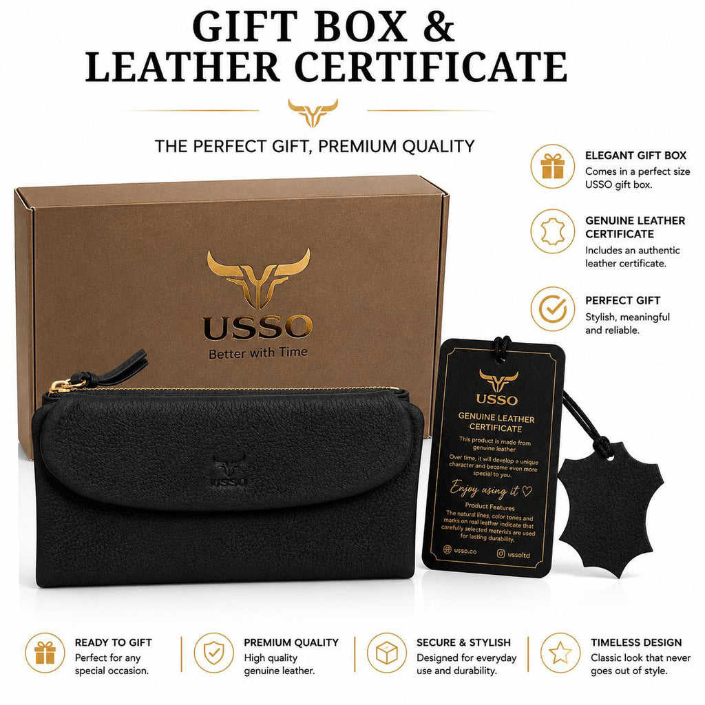 USSO Marsilya Women’s Genuine Leather Wallet – RFID Blocking, Phone Compartment & Large Capacity
