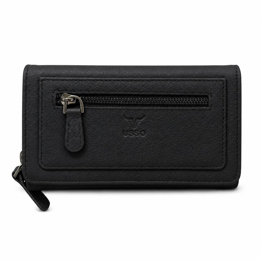 USSO Women’s Full-Grain Genuine Leather Wallet – RFID Blocking, 9 Card Slots, Zipper Pockets & ID Window