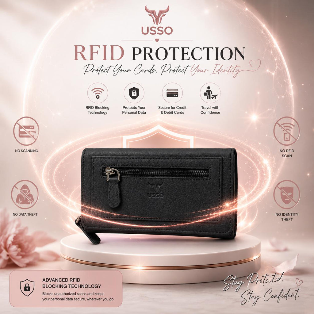 USSO Women’s Full-Grain Genuine Leather Wallet – RFID Blocking, 9 Card Slots, Zipper Pockets & ID Window