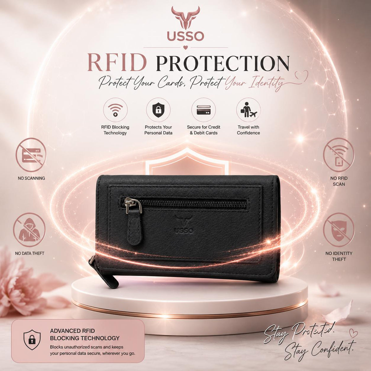 USSO Women’s Full-Grain Genuine Leather Wallet – RFID Blocking, 9 Card Slots, Zipper Pockets & ID Window