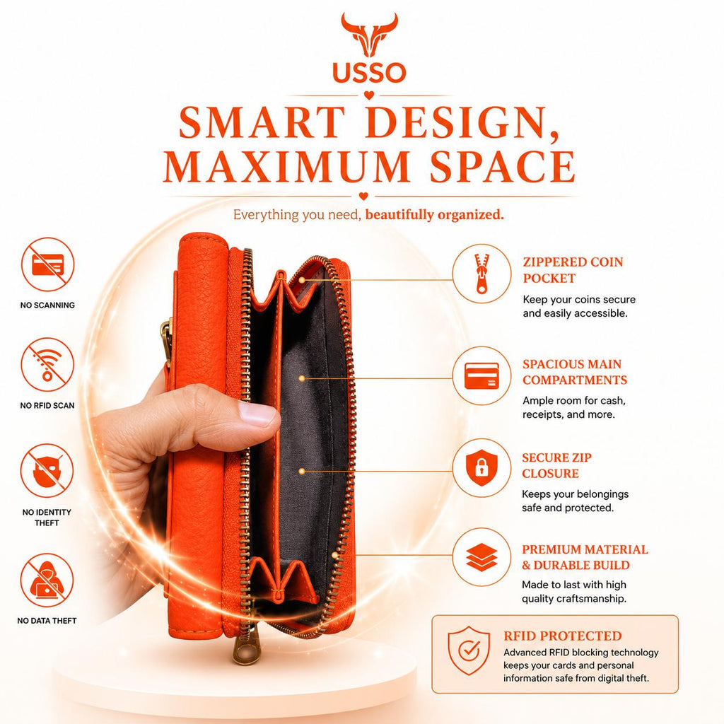 USSO Women’s Full-Grain Genuine Leather Wallet – RFID Blocking, 9 Card Slots, Zipper Pockets & ID Window