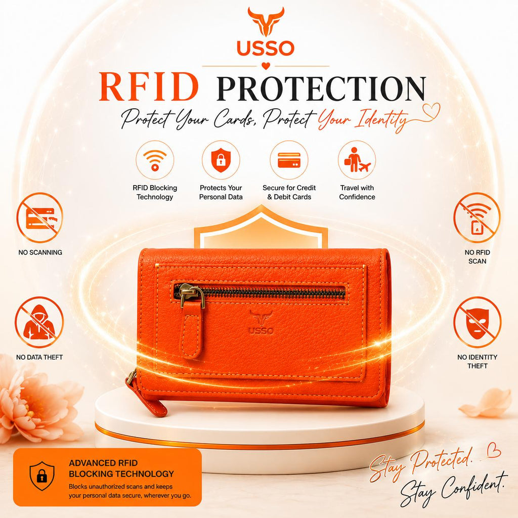 USSO Women’s Full-Grain Genuine Leather Wallet – RFID Blocking, 9 Card Slots, Zipper Pockets & ID Window