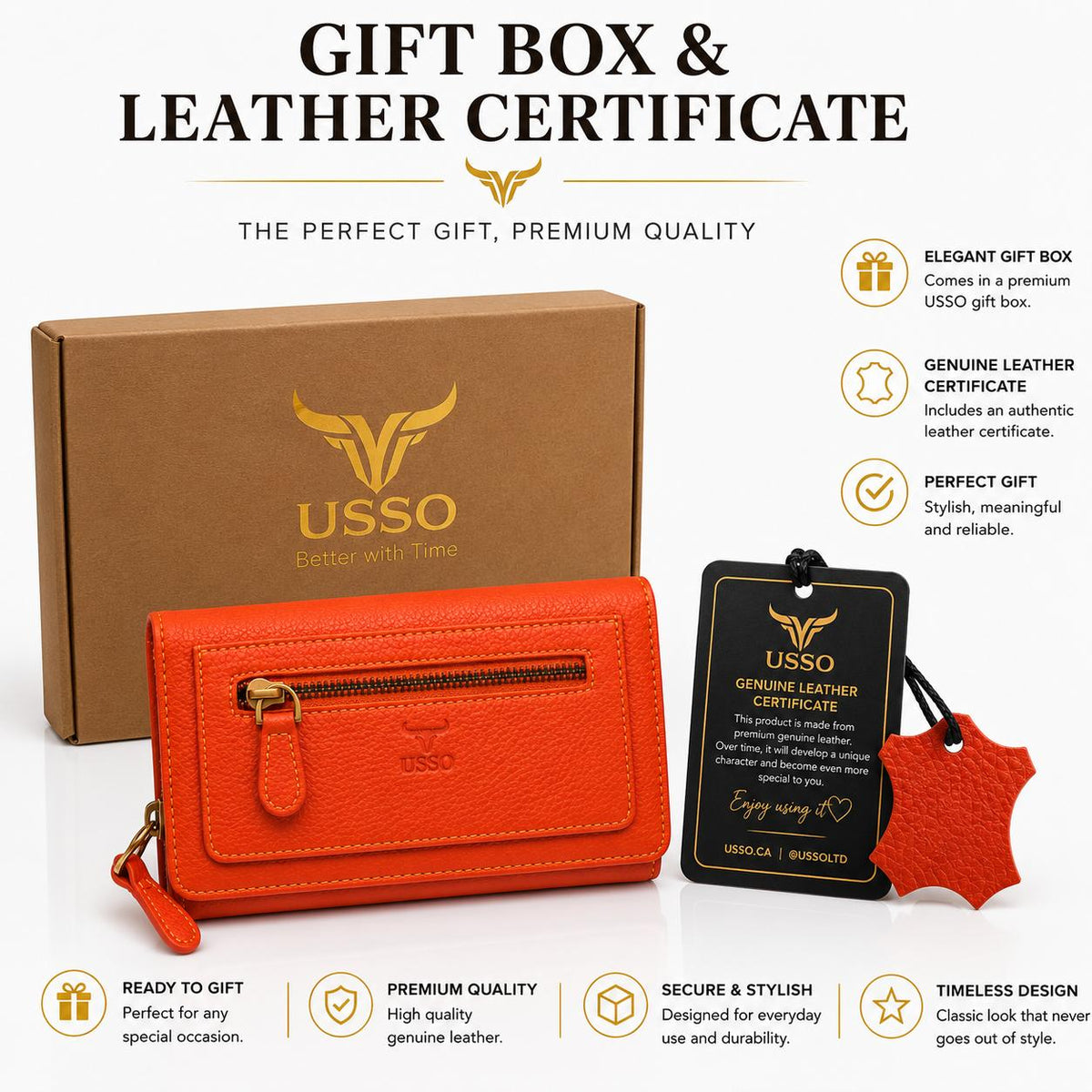 USSO Women’s Full-Grain Genuine Leather Wallet – RFID Blocking, 9 Card Slots, Zipper Pockets & ID Window