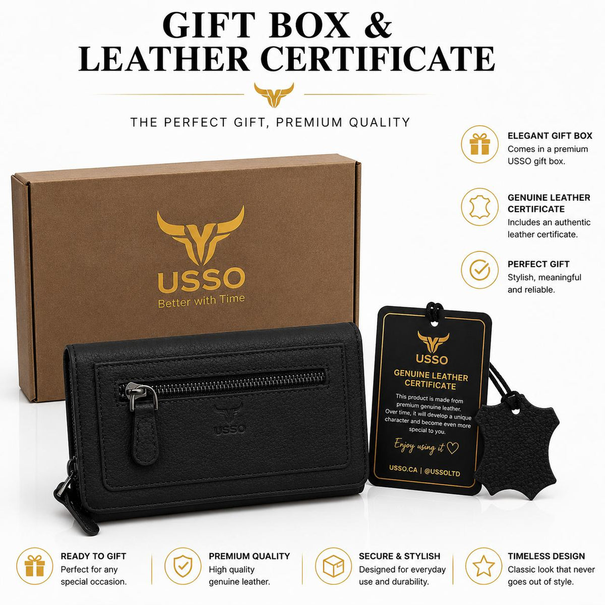USSO Women’s Full-Grain Genuine Leather Wallet – RFID Blocking, 9 Card Slots, Zipper Pockets & ID Window