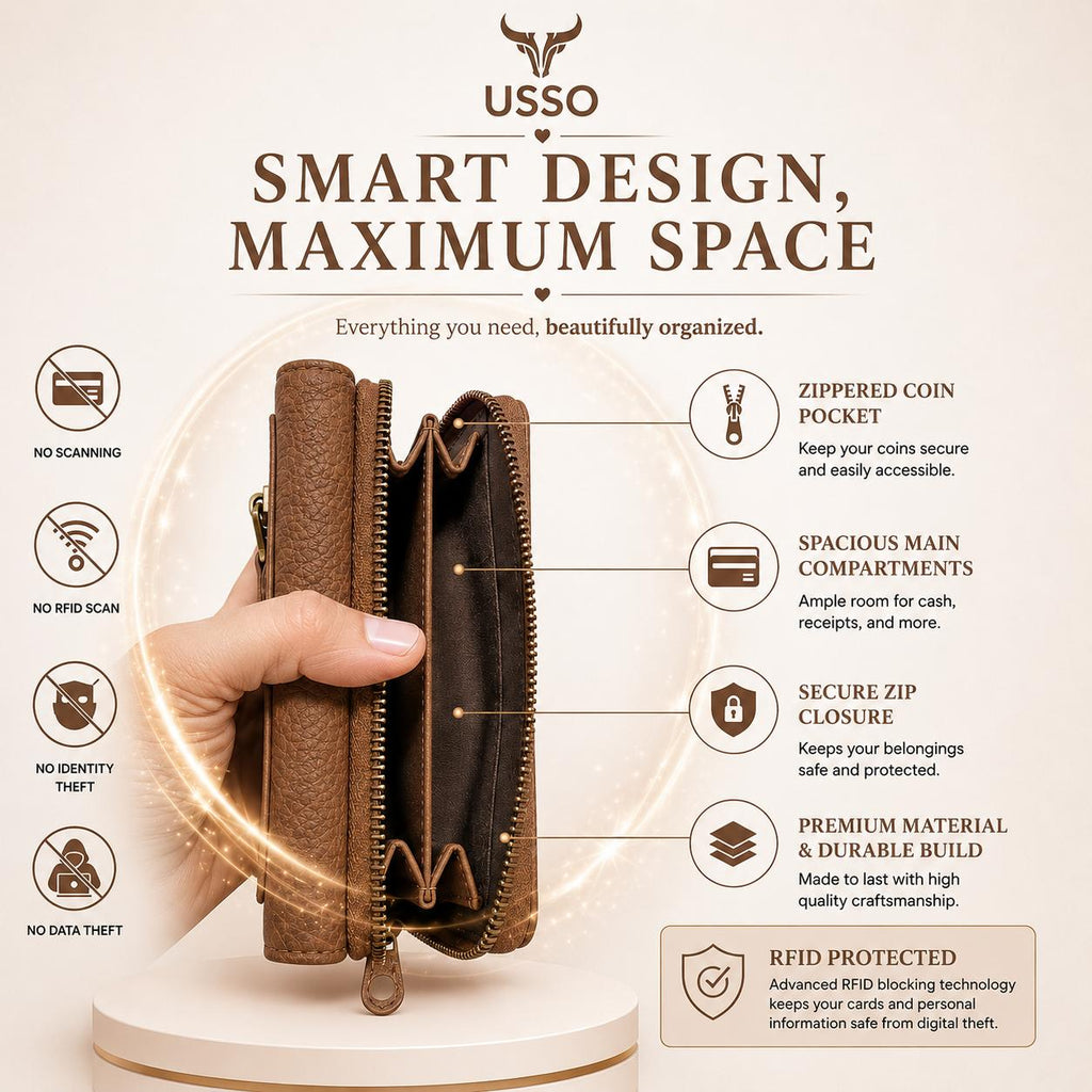 USSO Women’s Full-Grain Genuine Leather Wallet – RFID Blocking, 9 Card Slots, Zipper Pockets & ID Window