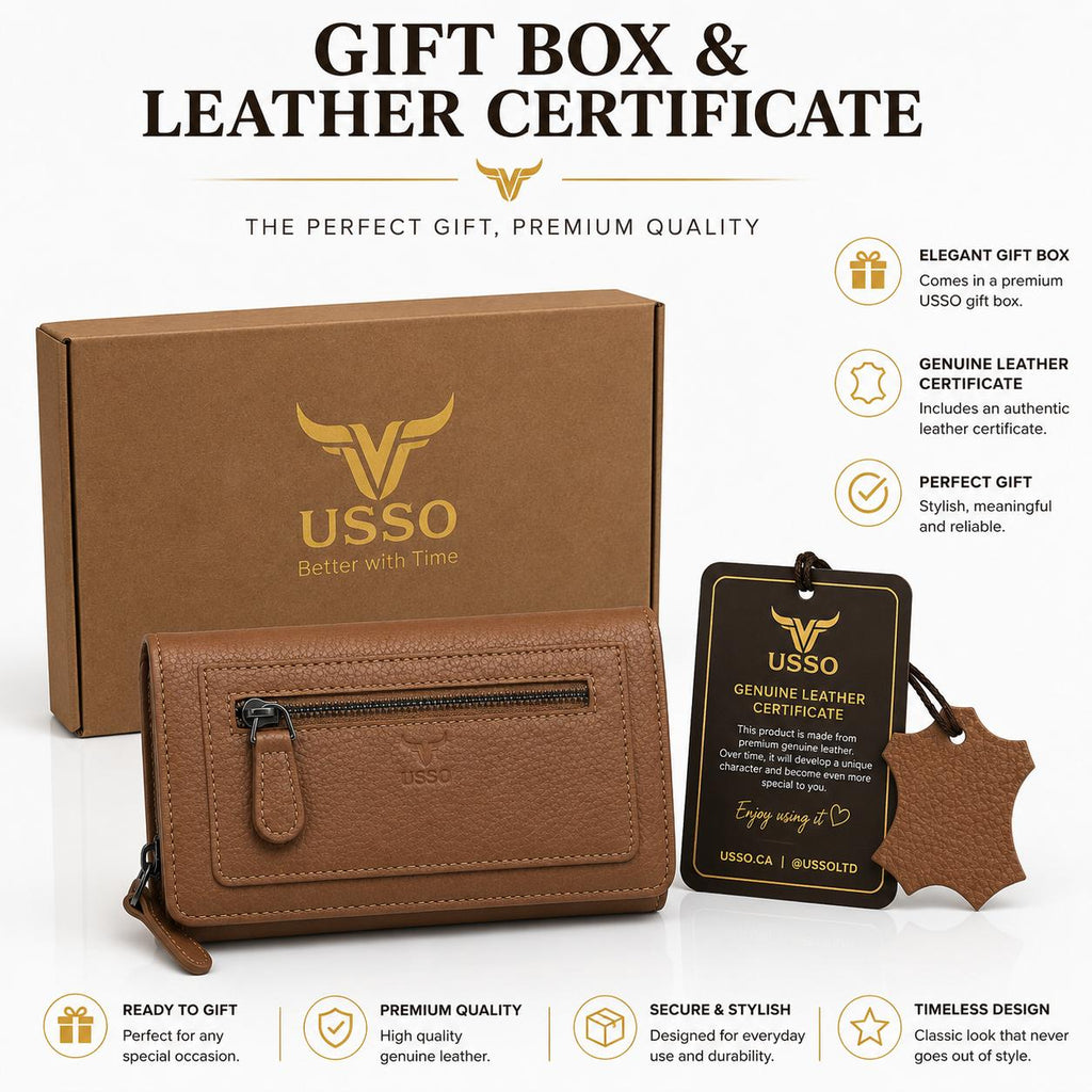 USSO Women’s Full-Grain Genuine Leather Wallet – RFID Blocking, 9 Card Slots, Zipper Pockets & ID Window