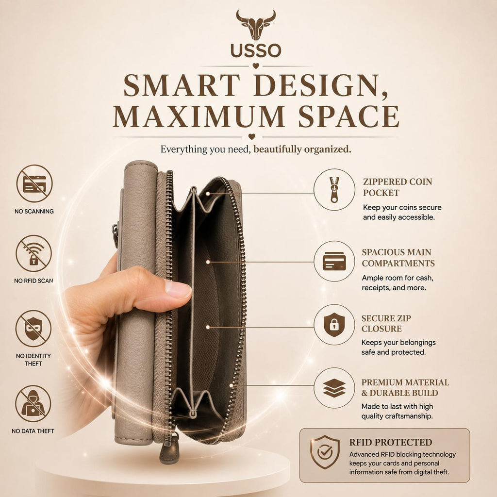 USSO Women’s Full-Grain Genuine Leather Wallet – RFID Blocking, 9 Card Slots, Zipper Pockets & ID Window