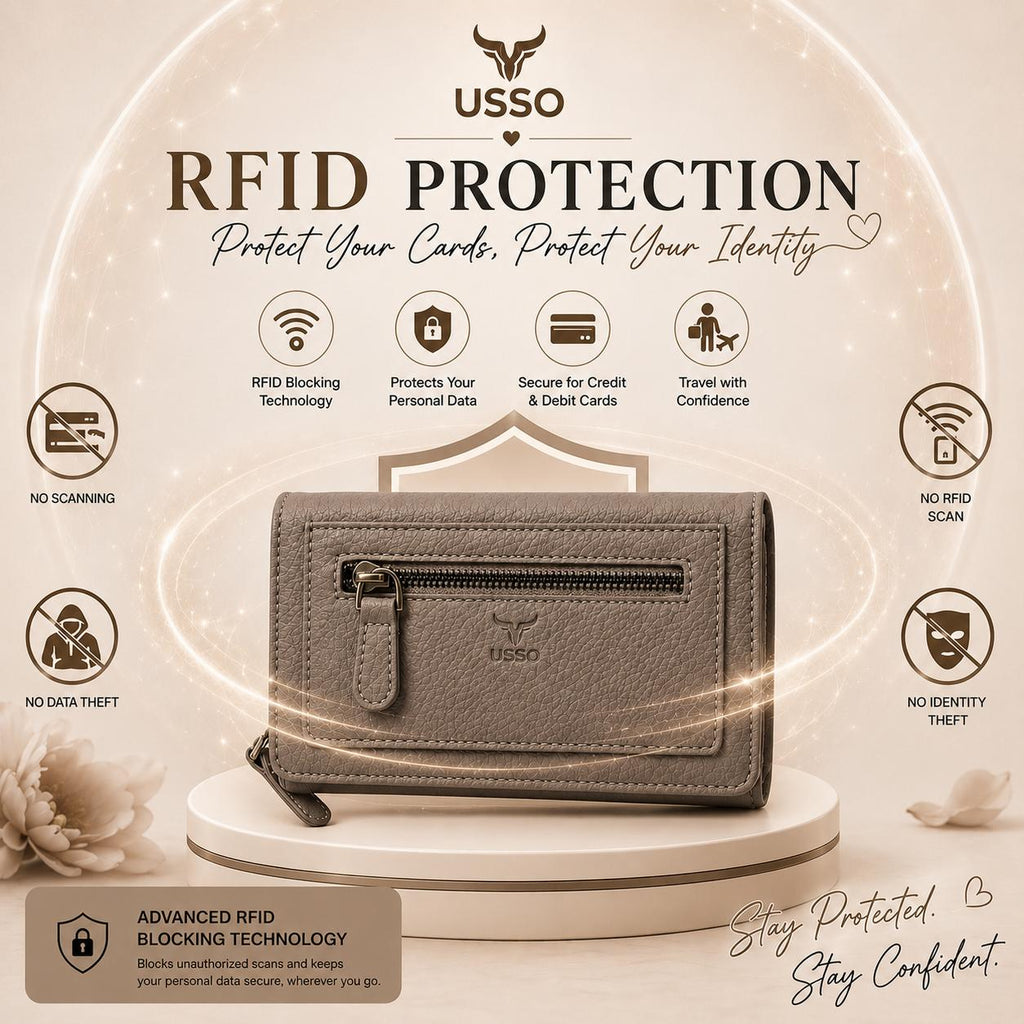 USSO Women’s Full-Grain Genuine Leather Wallet – RFID Blocking, 9 Card Slots, Zipper Pockets & ID Window