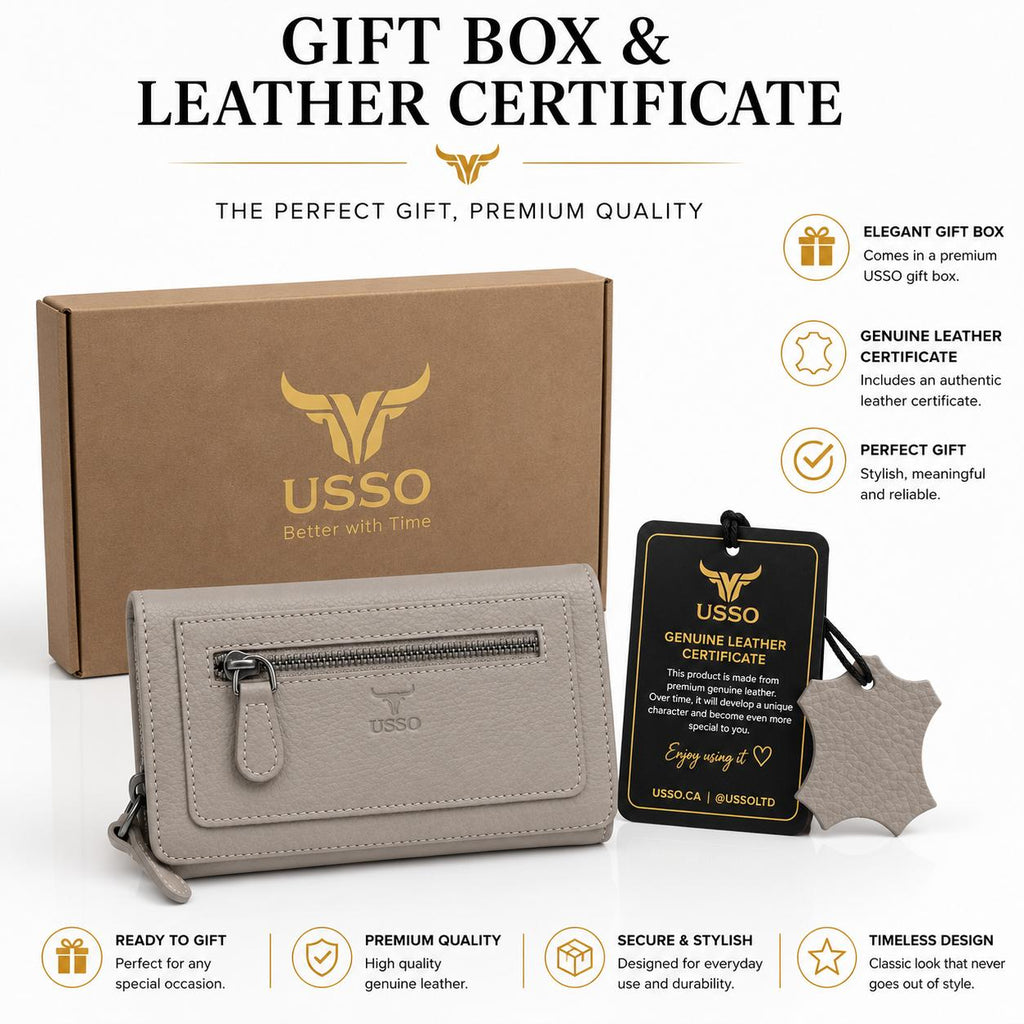 USSO Women’s Full-Grain Genuine Leather Wallet – RFID Blocking, 9 Card Slots, Zipper Pockets & ID Window