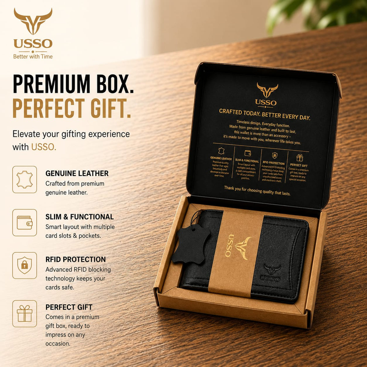 USSO Zurich RFID Blocking Bifold Genuine Leather Wallet