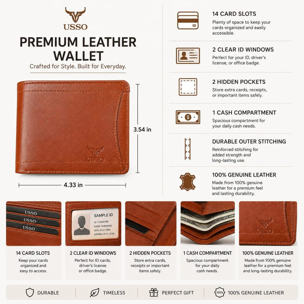 USSO Zurich RFID Blocking Bifold Genuine Leather Wallet