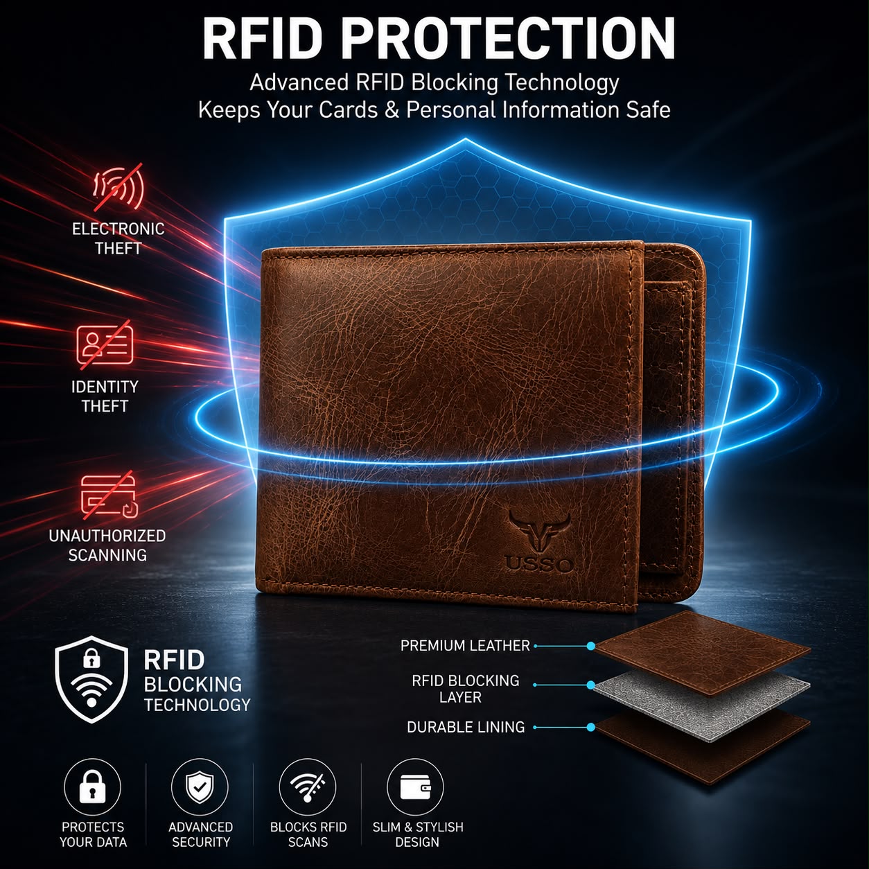 USSO Montana Genuine Leather Wallet for Men – Premium Wallet with Removable Card Holder
