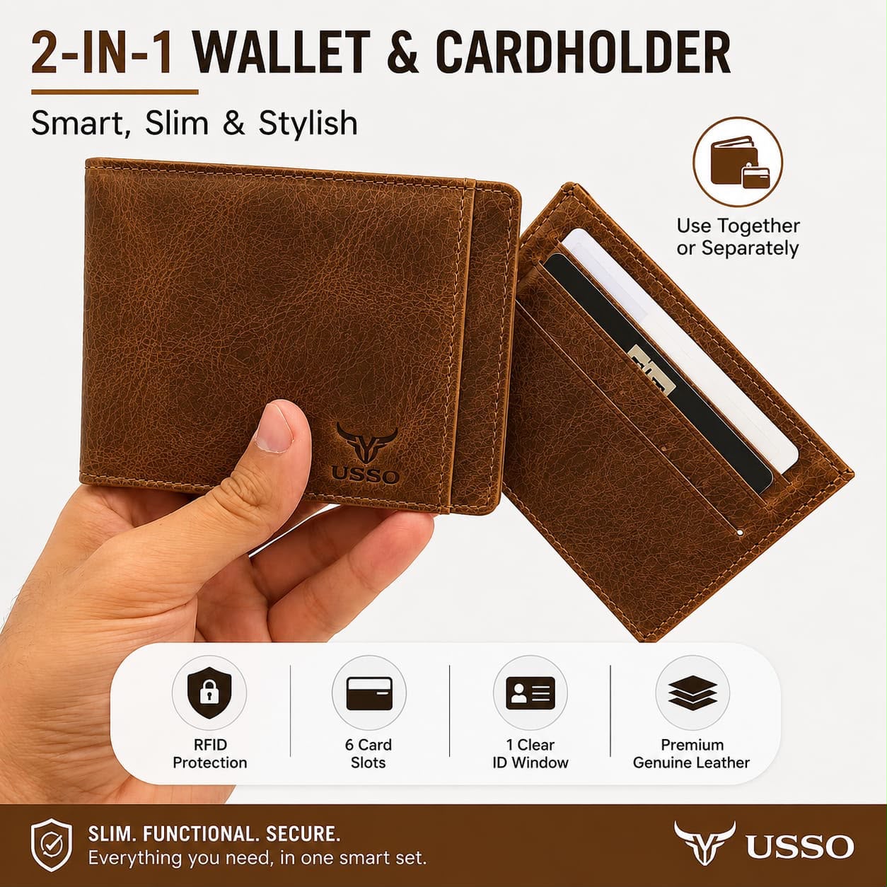 USSO Montana Genuine Leather Wallet for Men – Premium Wallet with Removable Card Holder