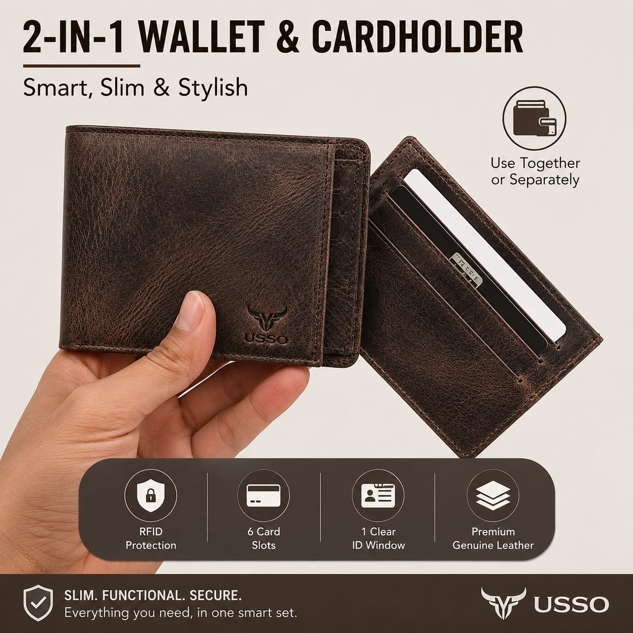 USSO Montana Genuine Leather Wallet for Men – Premium Wallet with Removable Card Holder