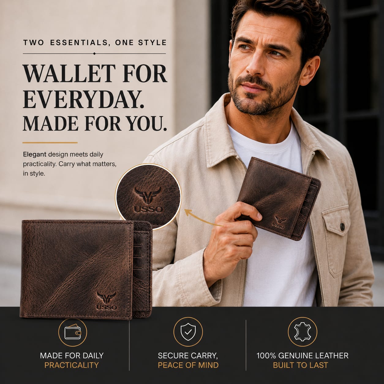 USSO Montana Genuine Leather Wallet for Men – Premium Wallet with Removable Card Holder