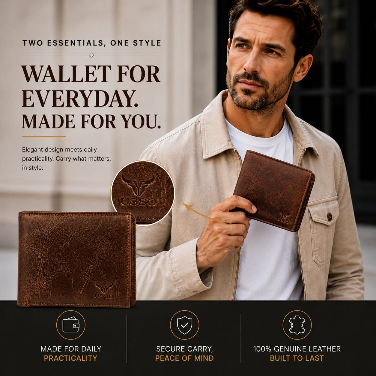 USSO Montana Genuine Leather Wallet for Men – Premium Wallet with Removable Card Holder