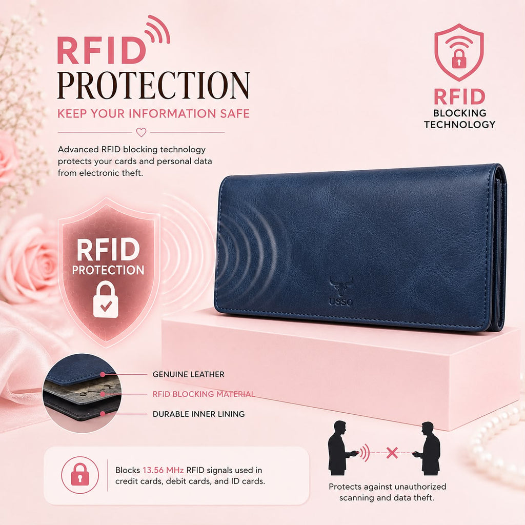 USSO Women’s Genuine Leather Long Wallet – RFID Blocking, 12 Card Slots, Phone Pocket & Magnetic Closure