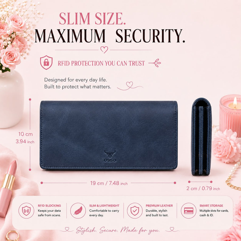 USSO Women’s Genuine Leather Long Wallet – RFID Blocking, 12 Card Slots, Phone Pocket & Magnetic Closure