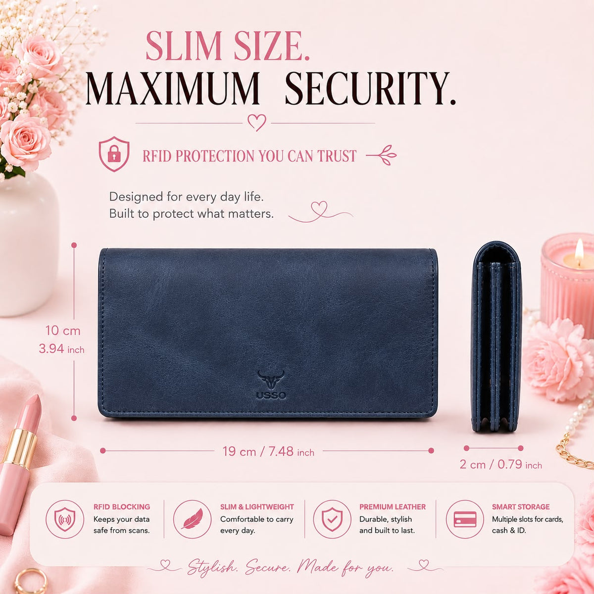 USSO Women’s Genuine Leather Long Wallet – RFID Blocking, 12 Card Slots, Phone Pocket & Magnetic Closure