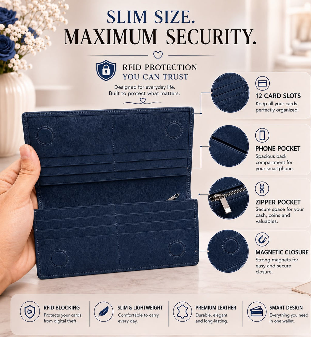 USSO Women’s Genuine Leather Long Wallet – RFID Blocking, 12 Card Slots, Phone Pocket & Magnetic Closure